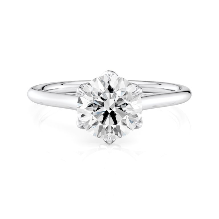 14k white gold 6 tulip cathedral engagement ring with 14k white gold metal and round shape diamond