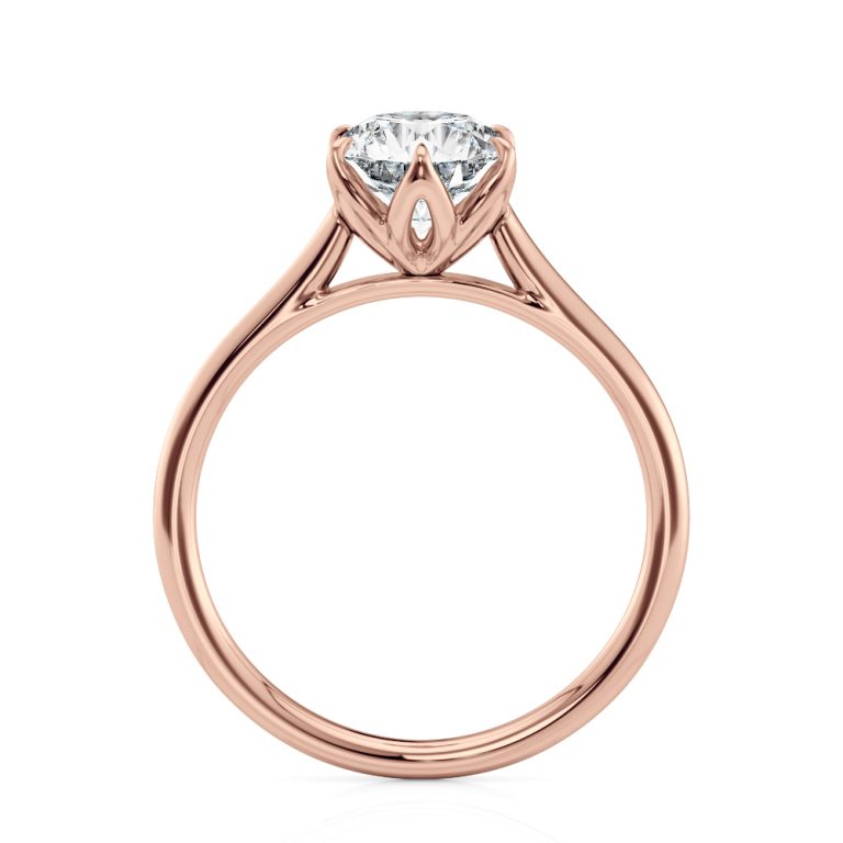 14k rose gold 6 tulip cathedral engagement ring with round shape diamond