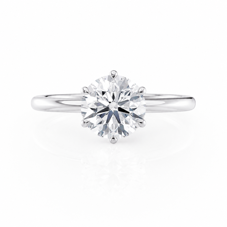 14k white gold floating 6 prong engagement ring with round shape diamond