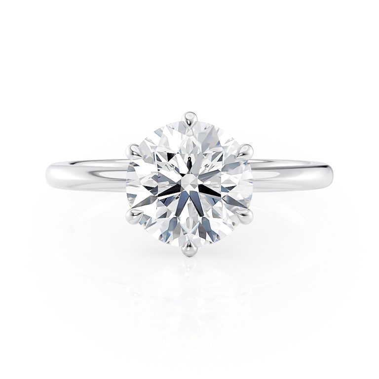 platinum floating 6 prong engagement ring with platinum metal and round shape diamond