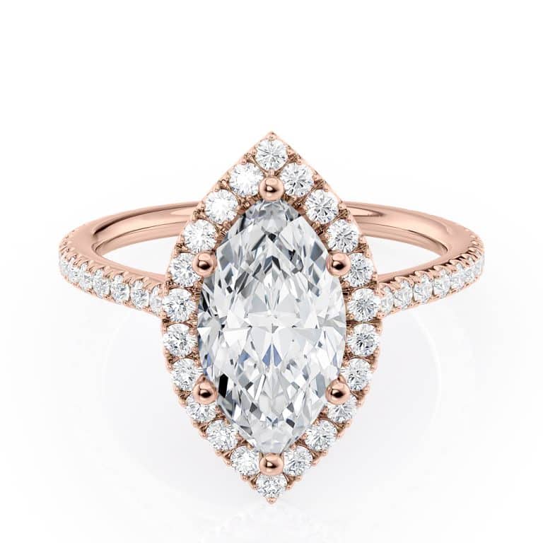14k rose gold petite marquise halo engagement ring with 14k rose gold metal and marquise shape diamond