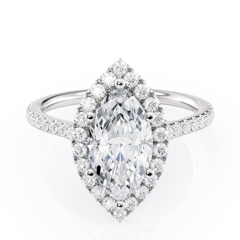 14k white gold petite marquise halo engagement ring with 14k white gold metal and marquise shape diamond