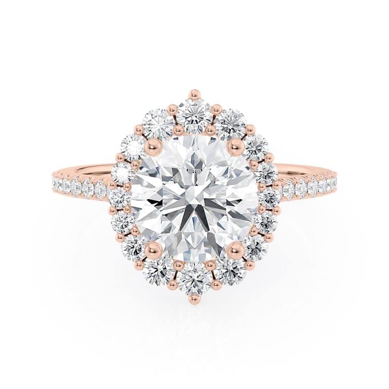 14k rose gold north to south halo ring with 14k rose gold metal and round shape diamond