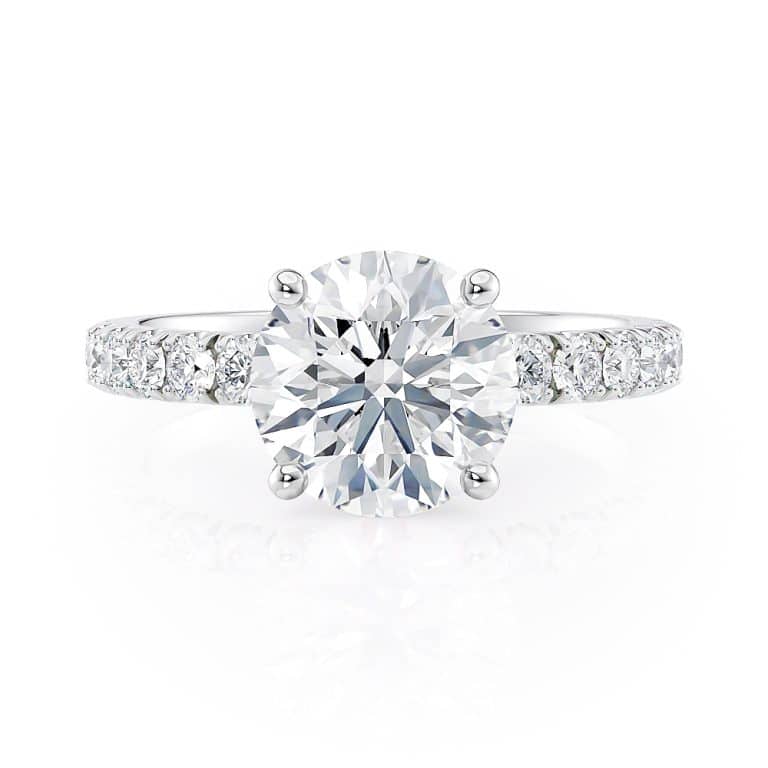 18k white gold scalloped pave engagement ring with 18k white gold metal and round shape diamond