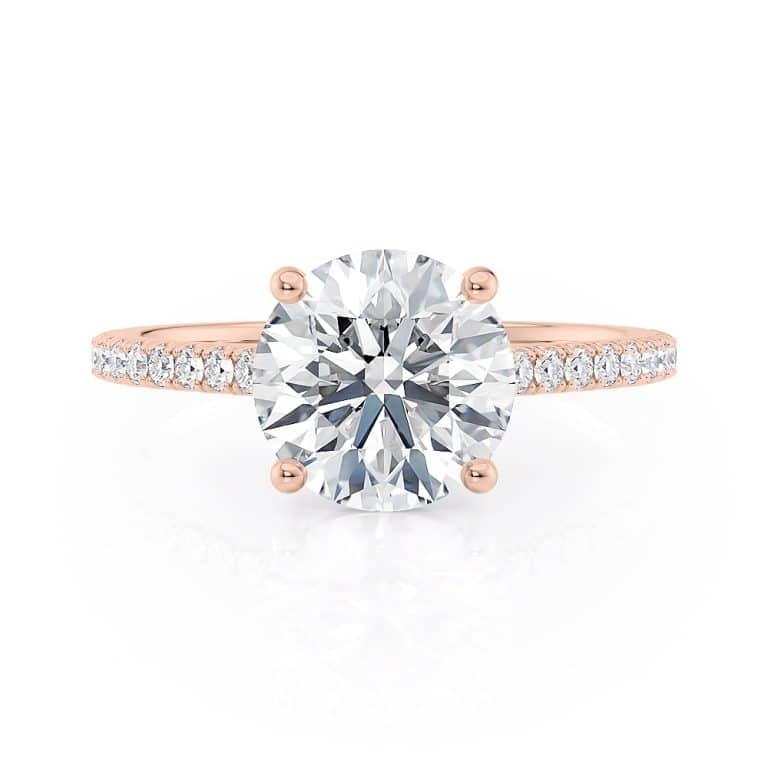 14k rose gold petite cathedral engagement ring with 14k rose gold metal and round shape diamond