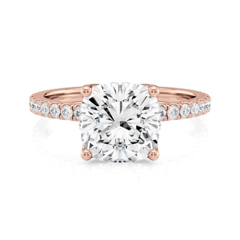 14k rose gold petite tulip cushion pave engagement ring with 14k rose gold metal and cushion shape diamond