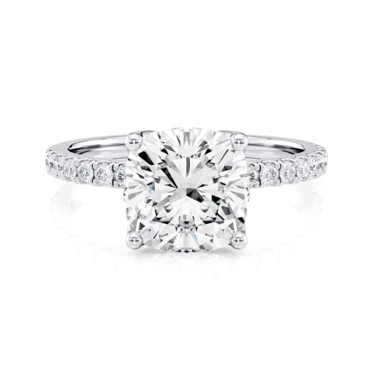 14k white gold petite tulip cushion pave engagement ring with 14k white gold metal and cushion shape diamond