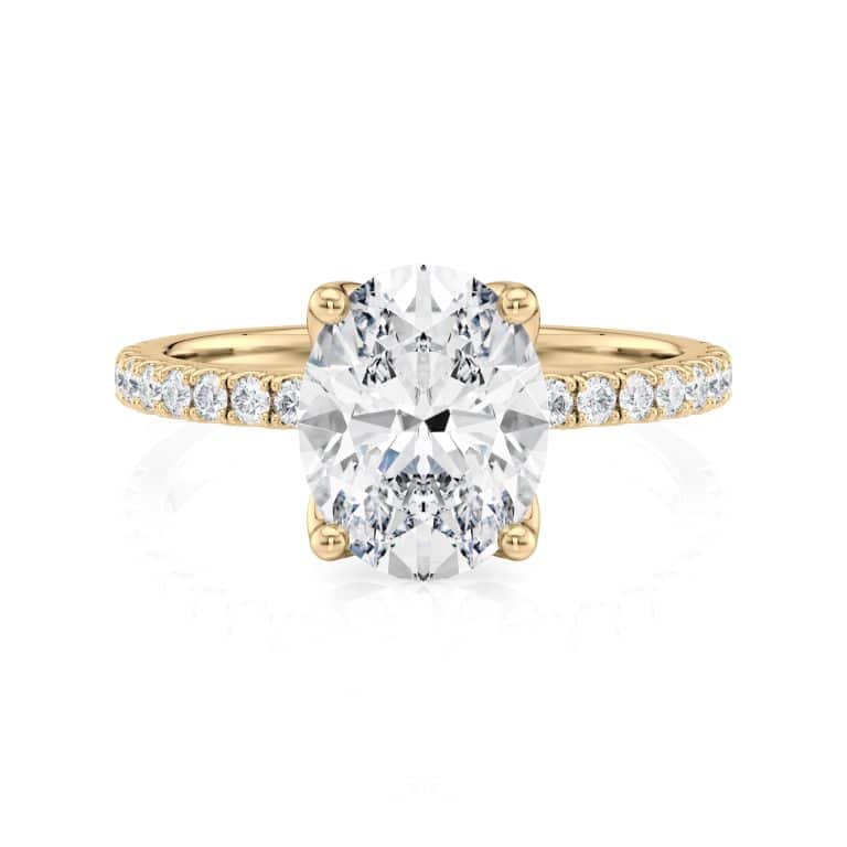 18k yellow gold petite tulip oval pave engagement ring with 18k yellow gold metal and oval shape diamond