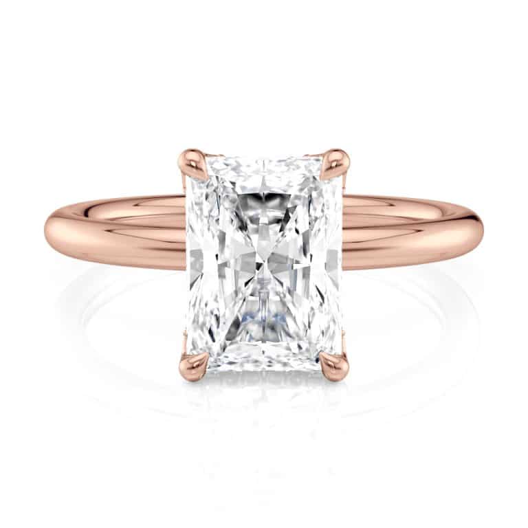 14k rose gold curved hidden halo radiant solitaire engagement ring with 14k rose gold metal and radiant shape diamond