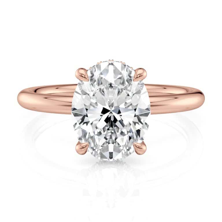 14k rose gold curved hidden halo oval solitaire engagement ring with 14k rose gold metal and oval shape diamond