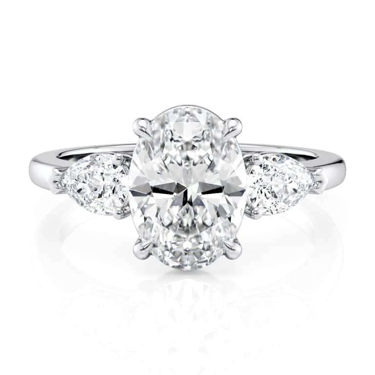 14k white gold three stone pear diamonds flush fit engagement ring (0.50 ctw) with 14k white gold metal and oval shape diamond