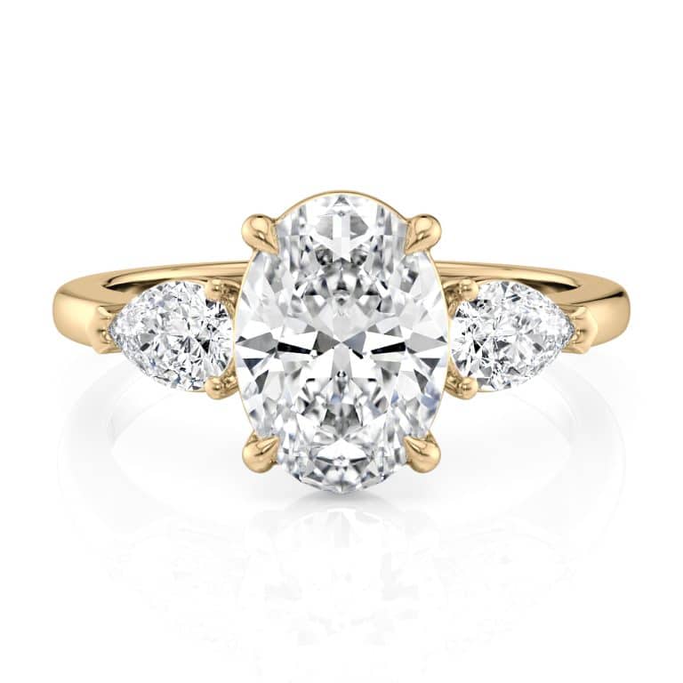 14k yellow gold three stone pear diamonds flush fit engagement ring (0.50 ctw) with 14k yellow gold metal and oval shape diamond