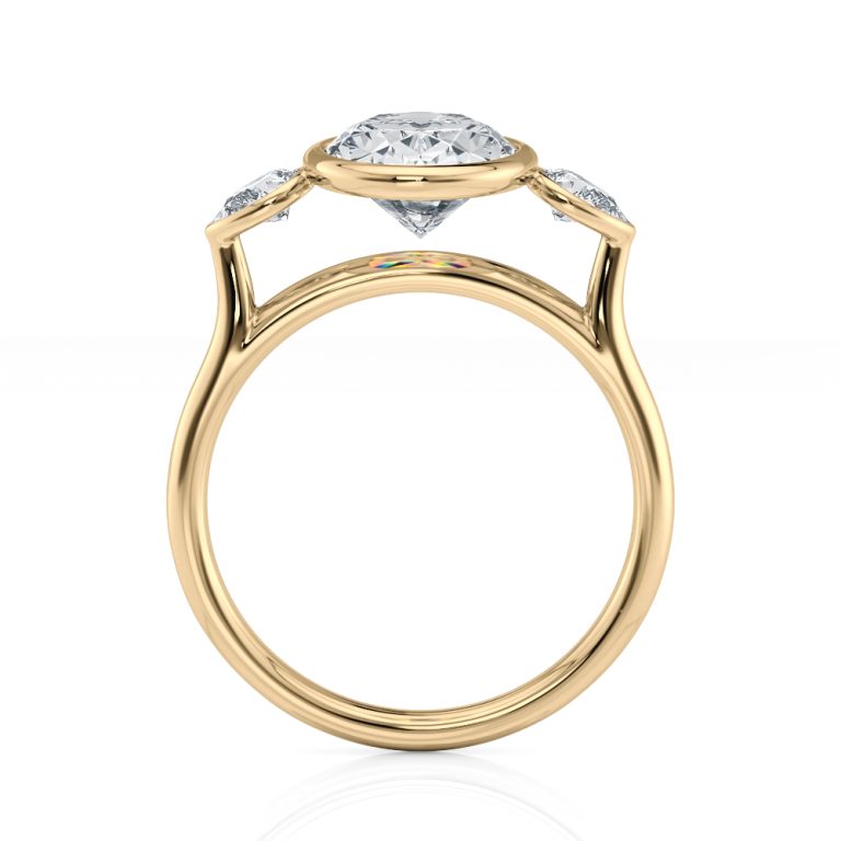 14k yellow gold natural three stone bezel set with pears with oval shape diamond