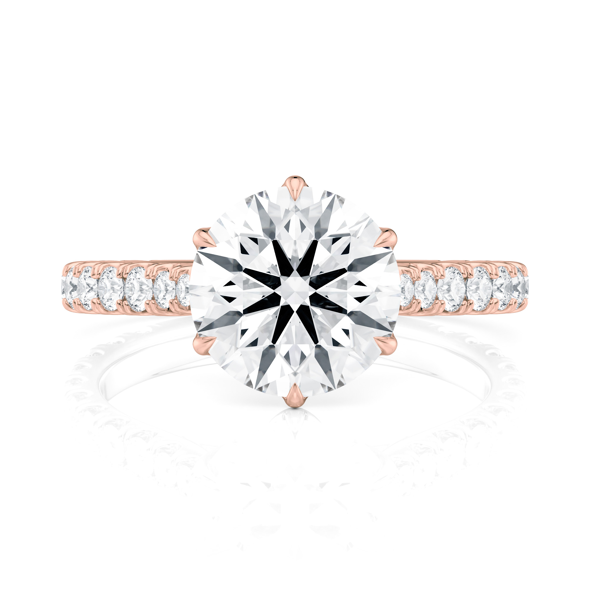 14K Rose Gold 6 Tulip Cathedral Pave Engagement ring With Surprise Diamonds