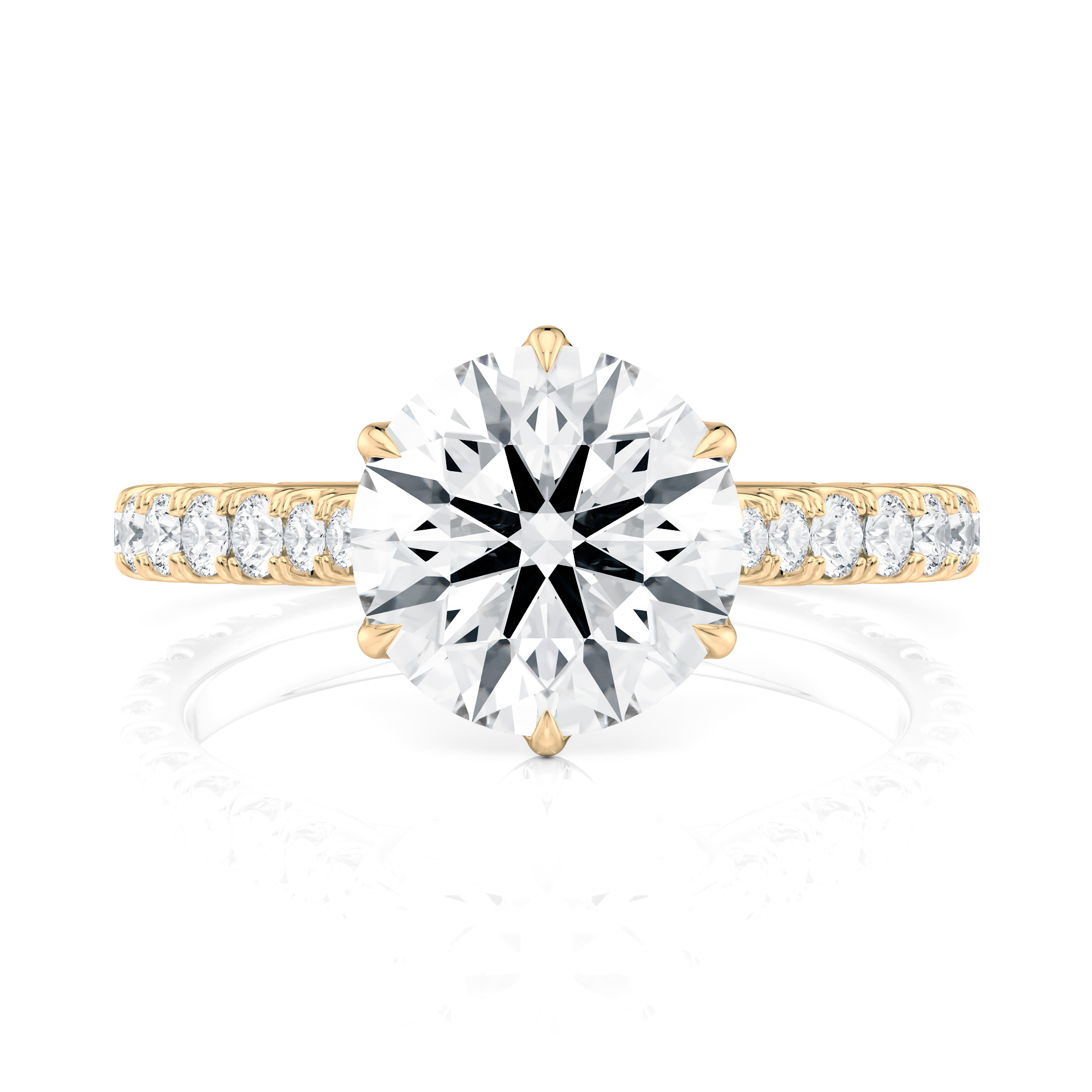 14K Yellow Gold 6 Tulip Cathedral Pave Engagement ring With Surprise Diamonds