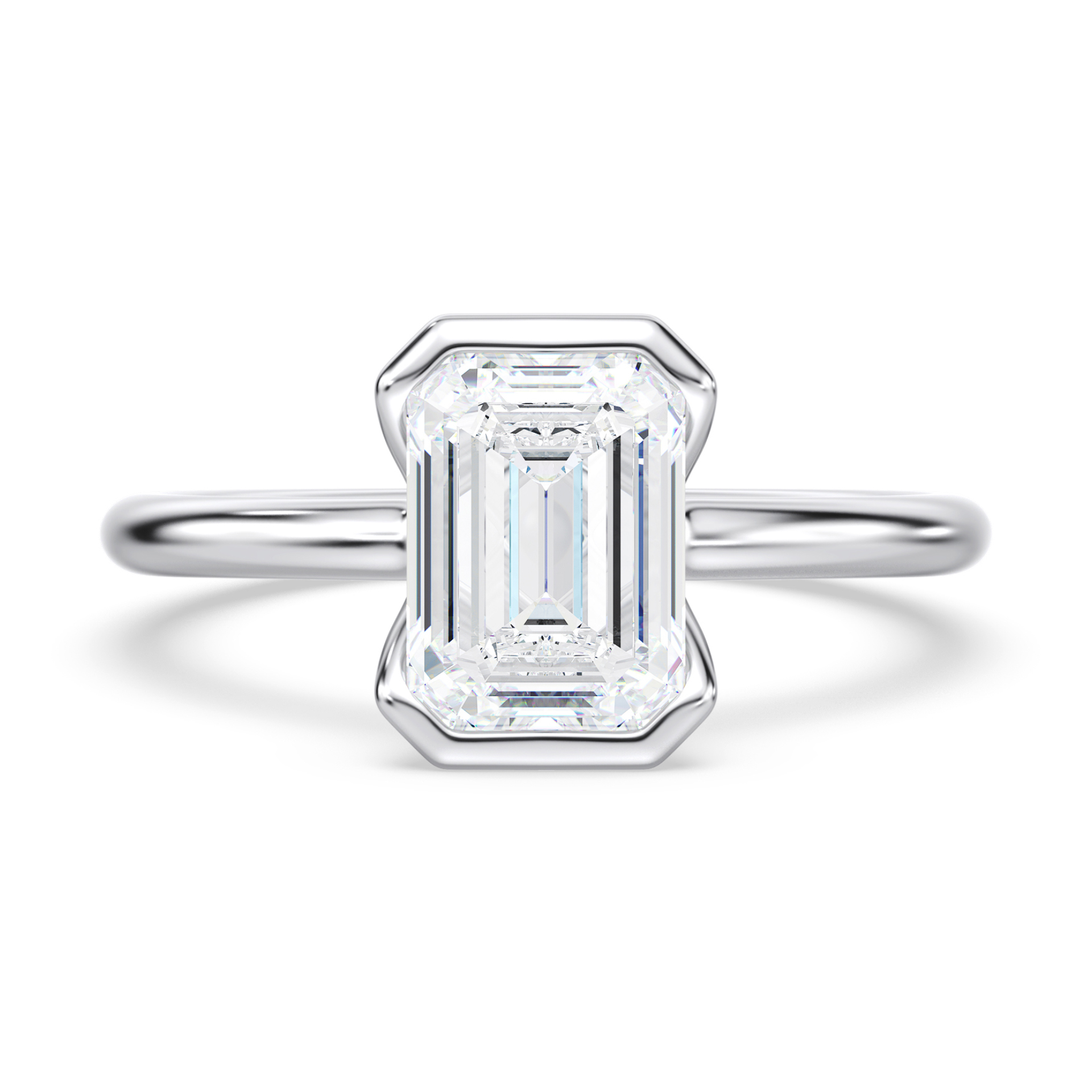 14K White Gold Half Bezel Emerald Solitaire Engagement Ring