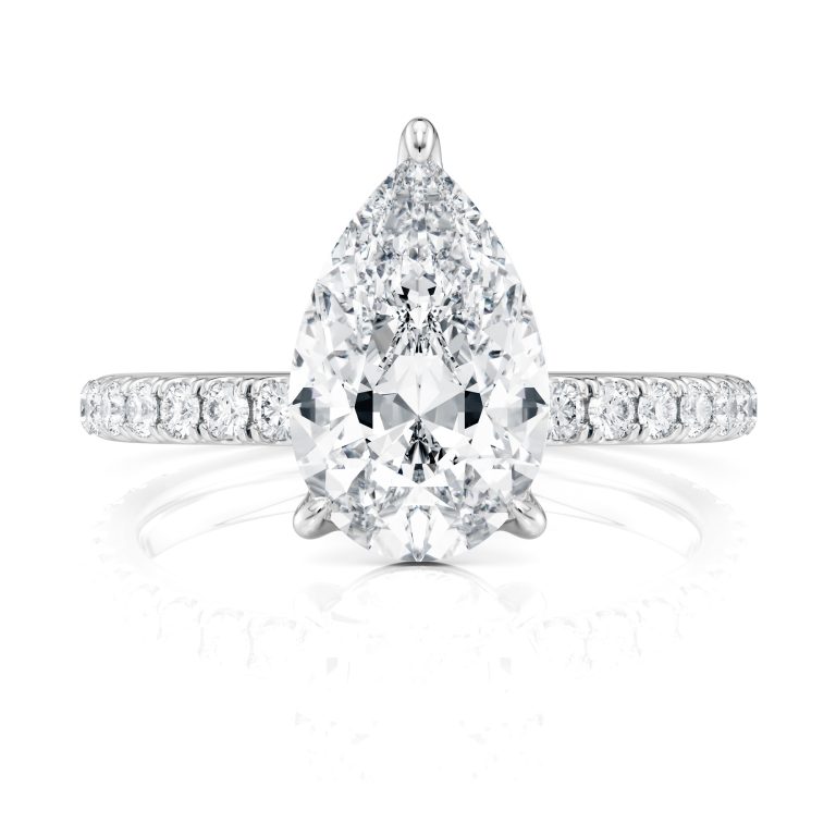 platinum lab 3 prong pear pave engagement ring with round shape diamond
