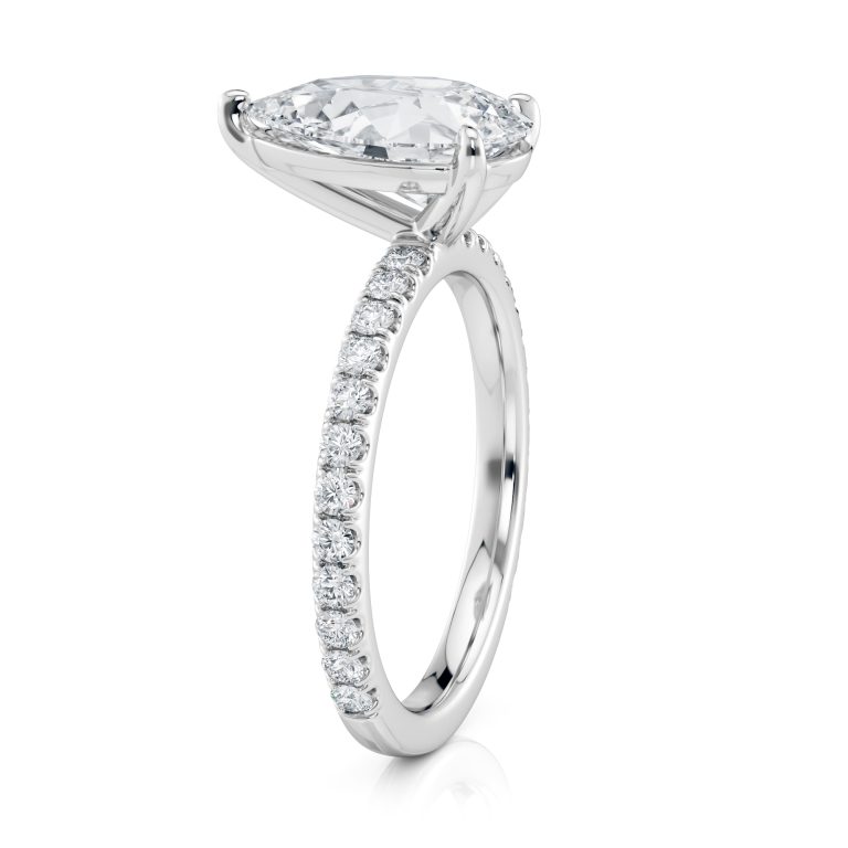 platinum lab 3 prong pear pave engagement ring with round shape diamond