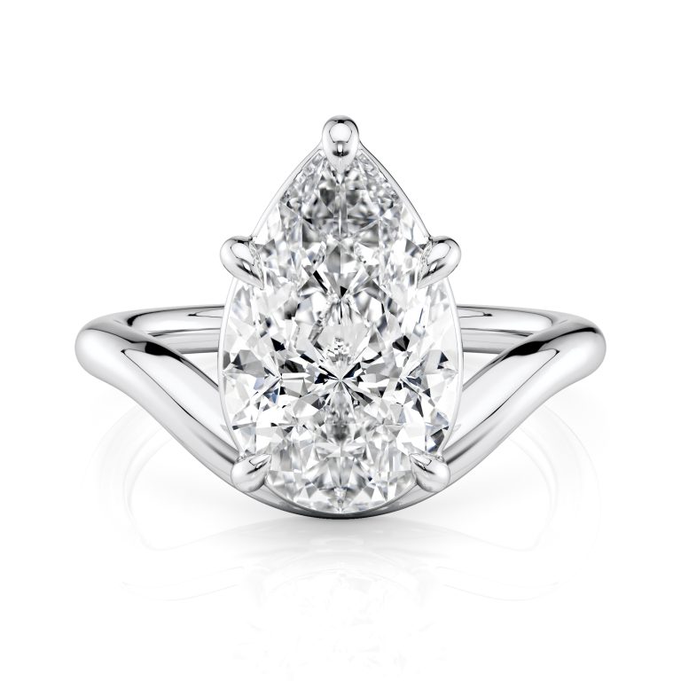 14k white gold curved pear solitaire ring with pear shape diamond