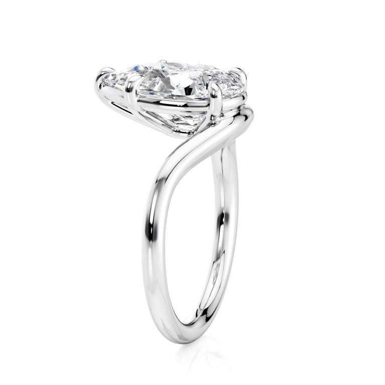 14k white gold curved pear solitaire ring with pear shape diamond