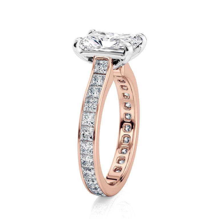 14k rose gold two tone radiant cut diamond with channel set princess cut lab diamonds engagement ring with radiant shape diamond