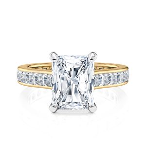 14K Yellow Gold Two Tone Radiant Cut Diamond With Channel Set Princess Cut Diamonds Engagement Ring