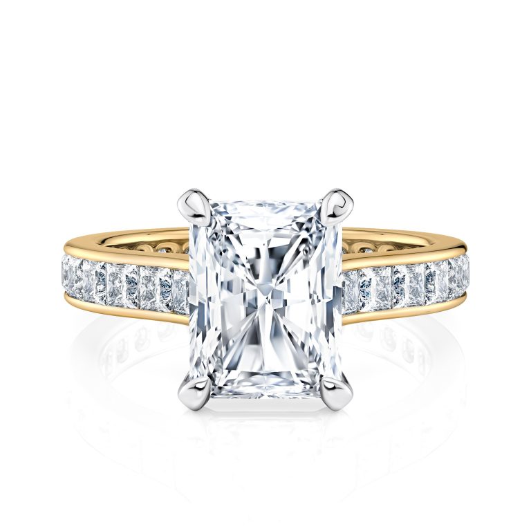 14k yellow gold two tone radiant cut diamond with channel set princess cut lab diamonds engagement ring with radiant shape diamond