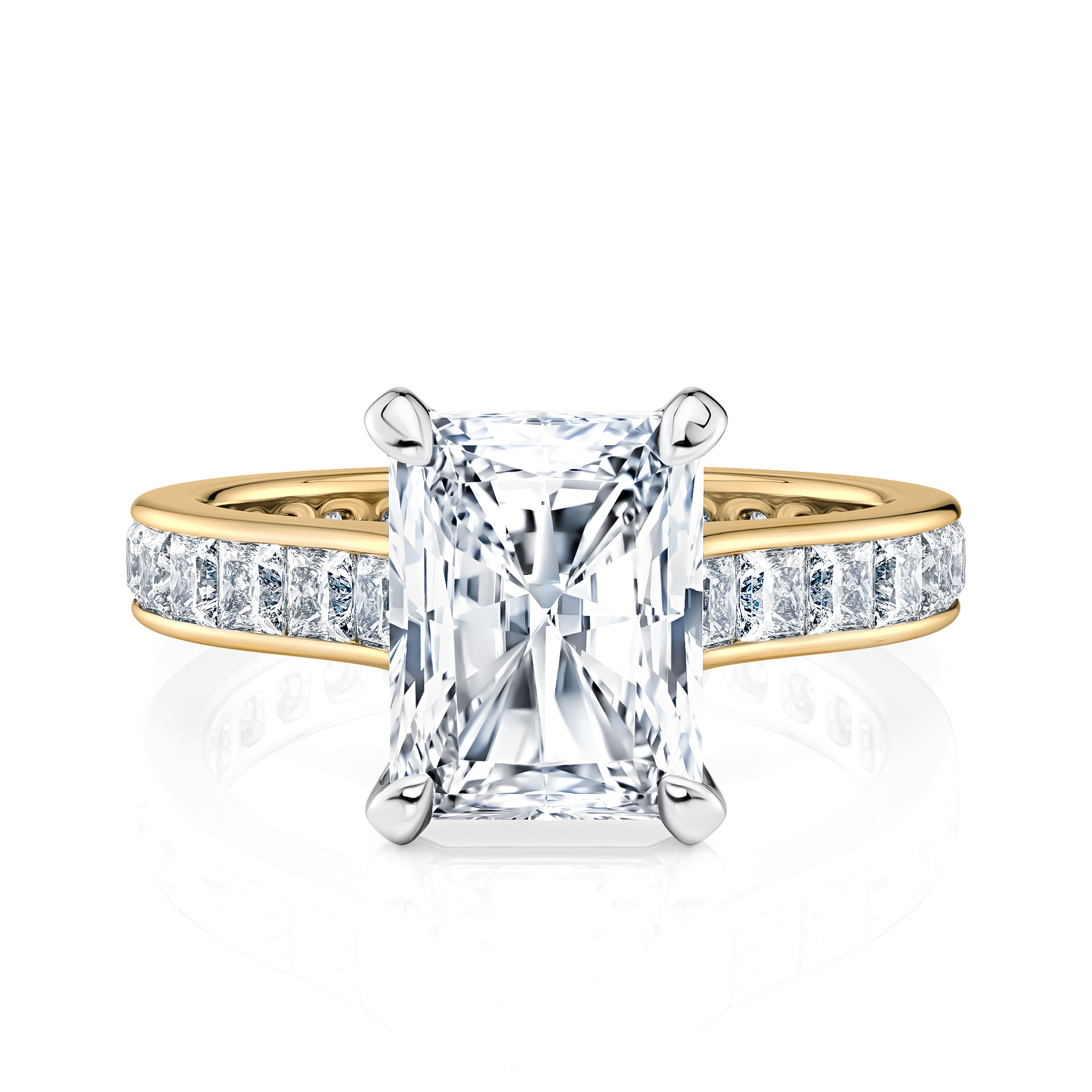 18K Yellow Gold Two Tone Radiant Cut Diamond With Channel Set Princess Cut Diamonds Engagement Ring