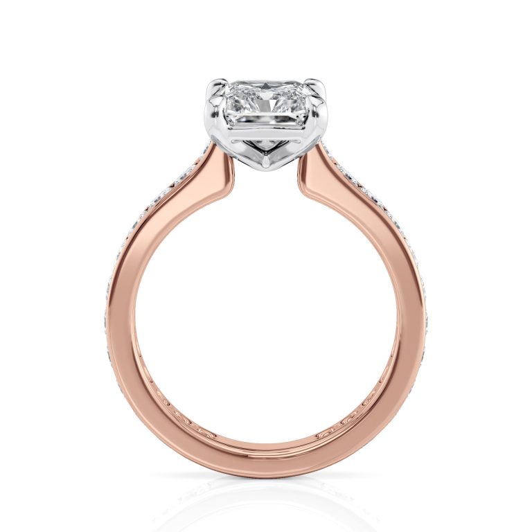 14k rose gold two tone radiant cut diamond with channel set princess cut lab diamonds engagement ring with radiant shape diamond