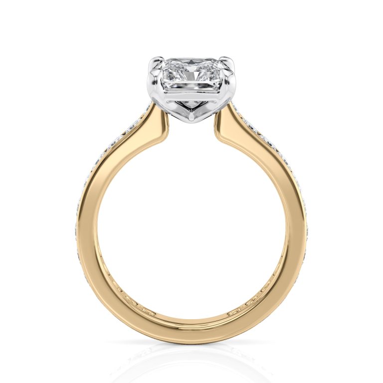 14k yellow gold two tone radiant cut diamond with channel set princess cut lab diamonds engagement ring with radiant shape diamond