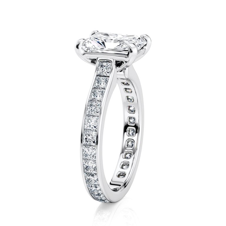 platinum radiant cut diamond with channel set princess cut lab diamonds engagement ring with radiant shape diamond