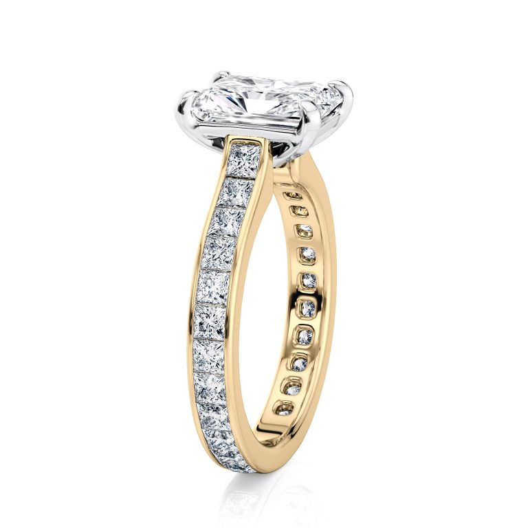 14k yellow gold two tone radiant cut diamond with channel set princess cut lab diamonds engagement ring with radiant shape diamond