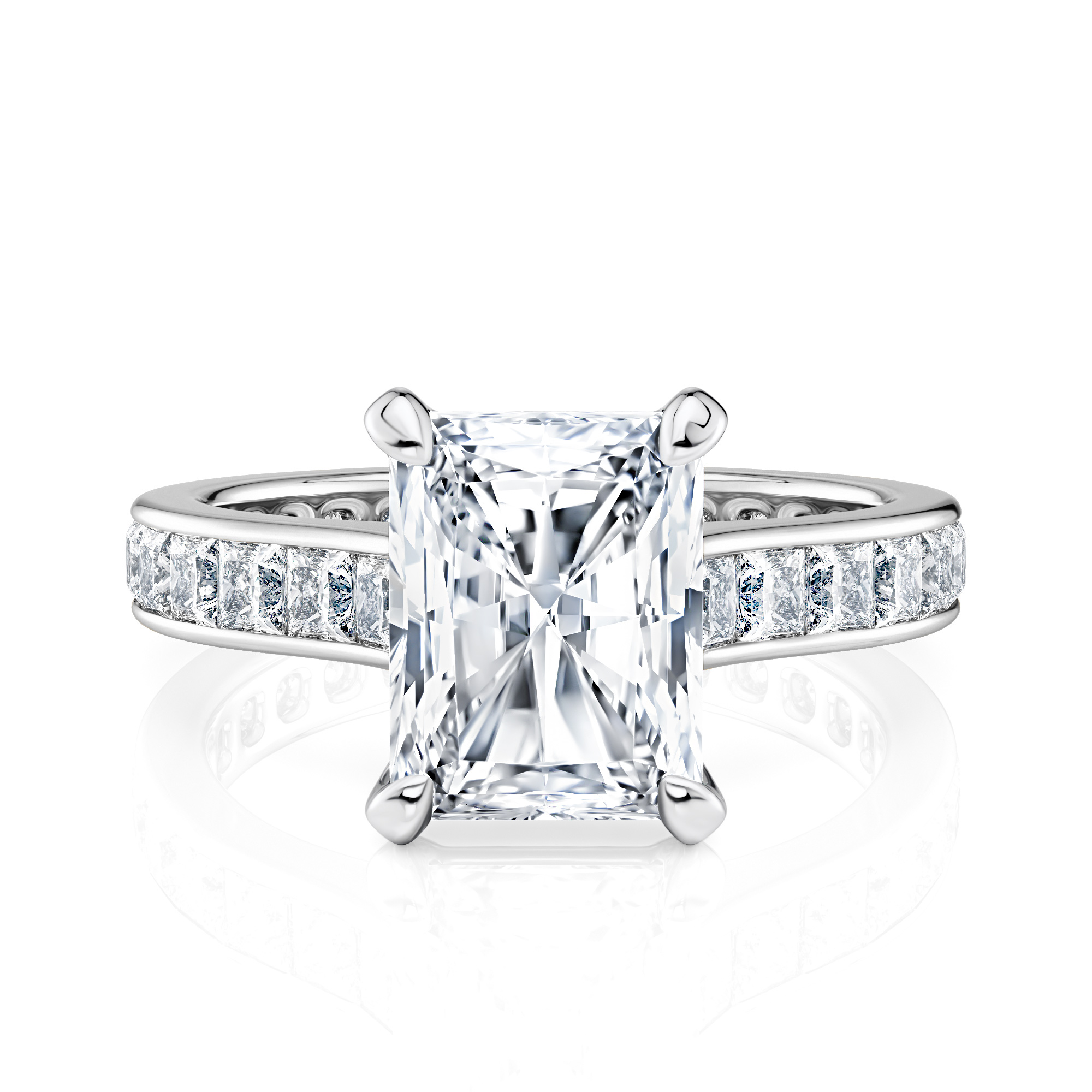 14K White Gold Radiant Cut Diamond With Channel Set Princess Cut Diamonds Engagement Ring