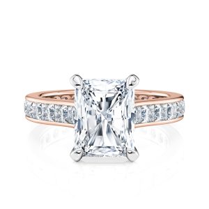 14K Rose Gold Two Tone Radiant Cut Diamond With Channel Set Princess Cut Diamonds Engagement Ring