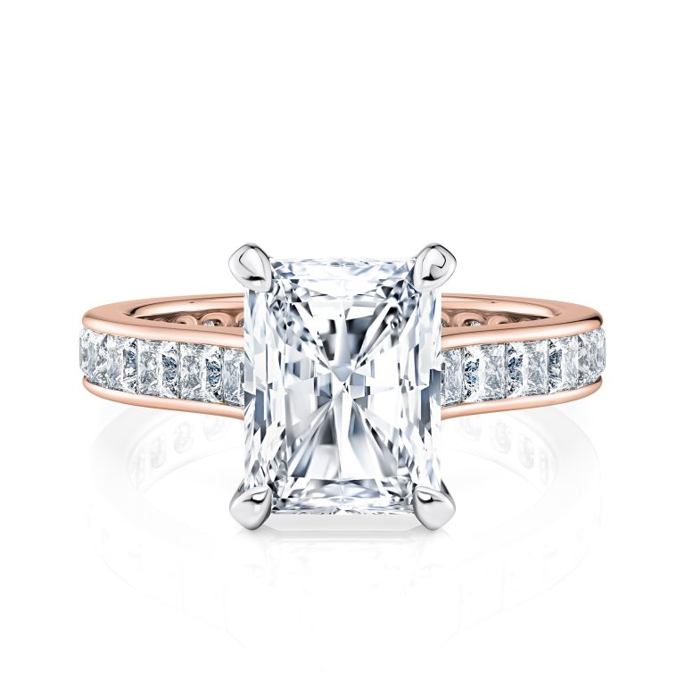 14k rose gold two tone radiant cut diamond with channel set princess cut lab diamonds engagement ring with radiant shape diamond
