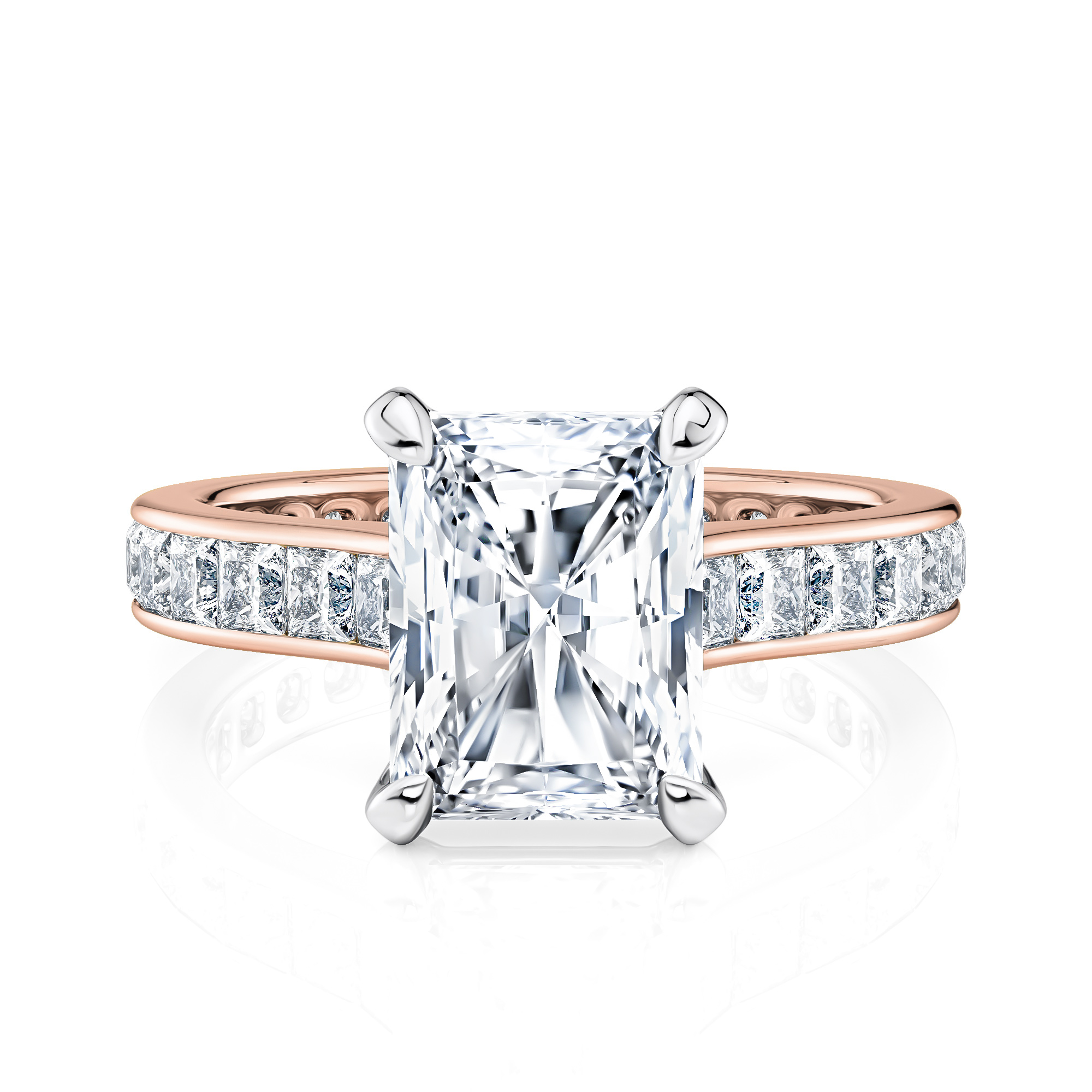 14K Rose Gold Two Tone Radiant Cut Diamond With Channel Set Princess Cut Diamonds Engagement Ring