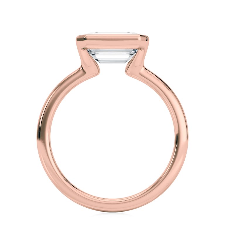 14k rose gold e.w. half bezel emerald solitaire engagement ring with emerald shape diamond