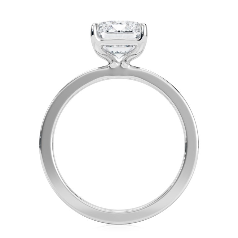 14k white gold solitaire cigar band with emerald shape diamond