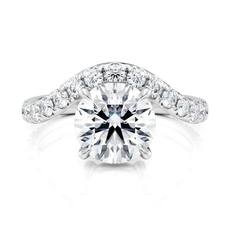 14k white gold natural waves pave engagement ring with round shape diamond