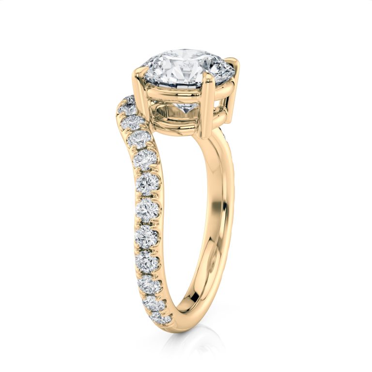 14k yellow gold lab waves pave engagement ring with round shape diamond