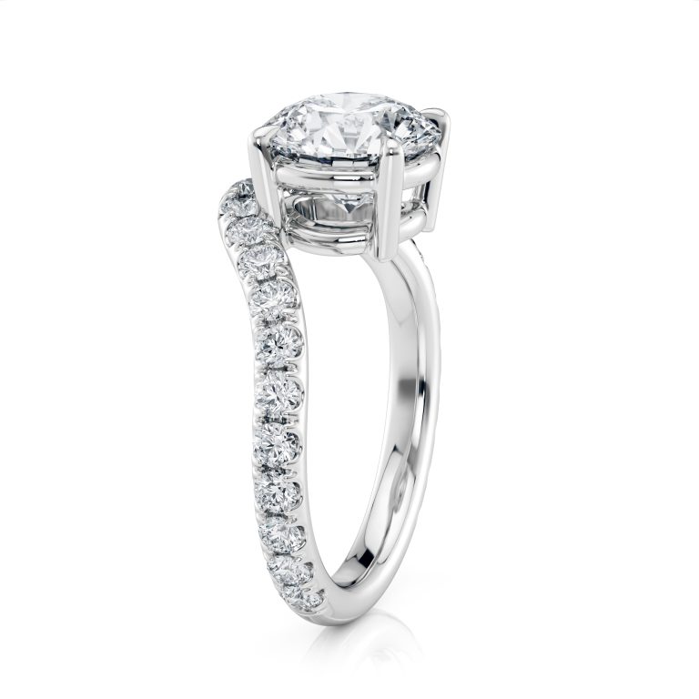 14k white gold natural waves pave engagement ring with round shape diamond