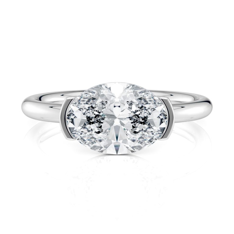 18k white gold east-west half bezel solitaire engagement ring with oval shape diamond