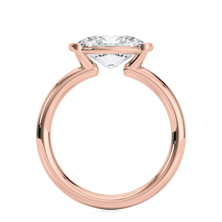 14k rose gold east-west half bezel solitaire engagement ring with oval shape diamond