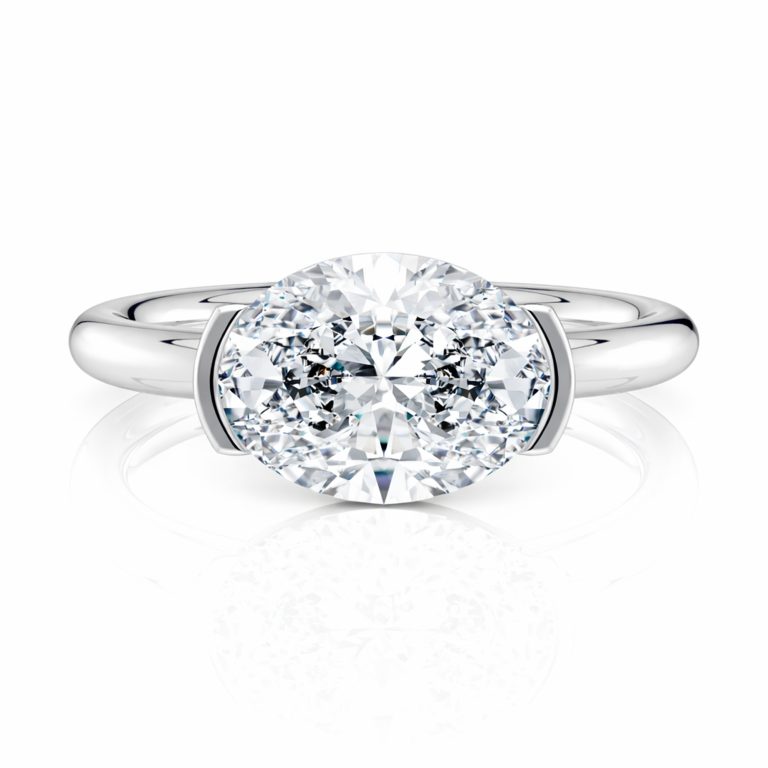 14k white gold east-west half bezel solitaire engagement ring with oval shape diamond