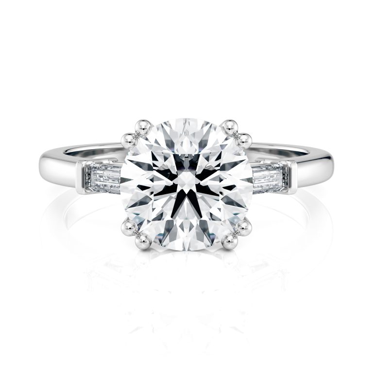 18k white cathedral baguette lab diamond engagement ring with round shape diamond