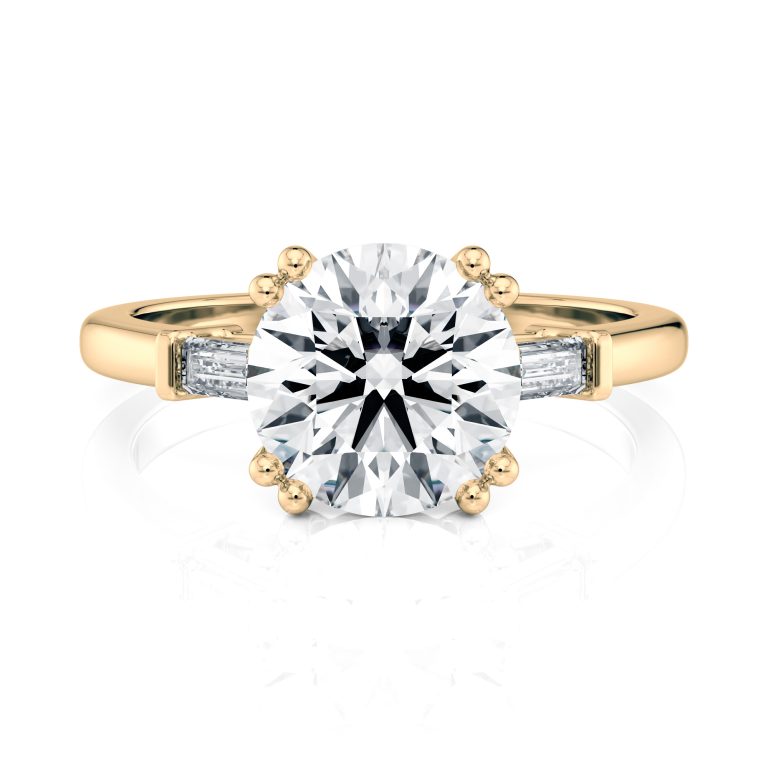 14k yellow cathedral baguette lab diamond engagement ring with round shape diamond