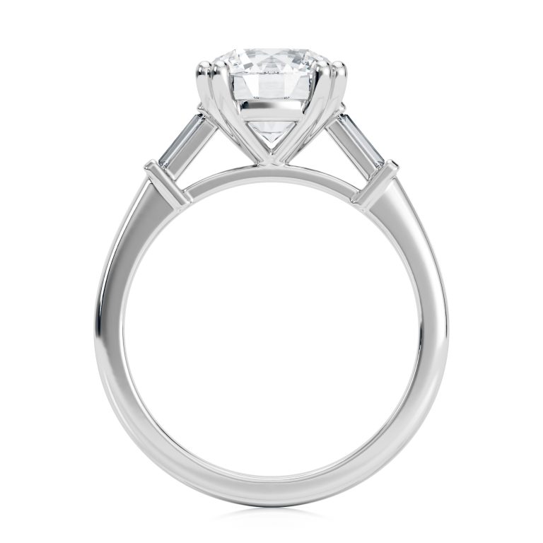 18k white cathedral baguette lab diamond engagement ring with round shape diamond