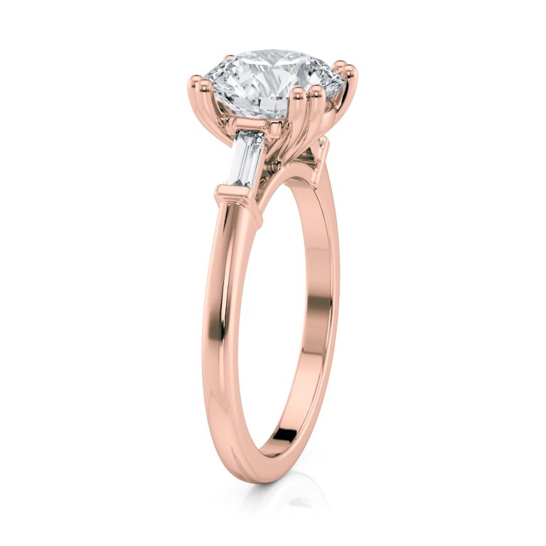 14k rose cathedral baguette lab diamond engagement ring with round shape diamond