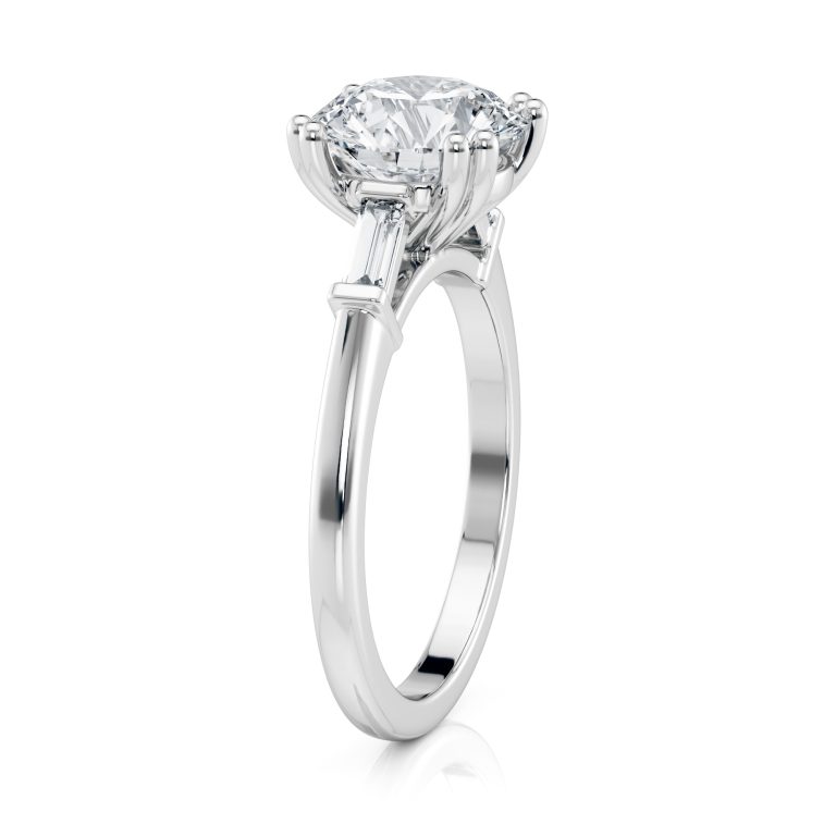 18k white cathedral baguette lab diamond engagement ring with round shape diamond