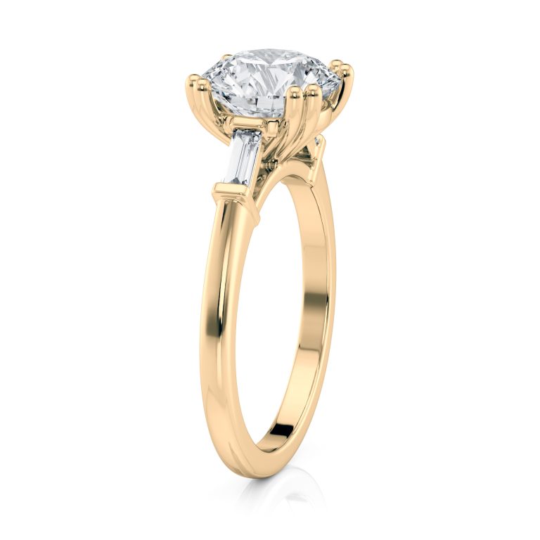 14k yellow cathedral baguette lab diamond engagement ring with round shape diamond